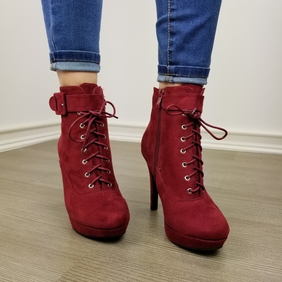 Faux Suede Heel Lace-Up Ankle Booties - Picture 2 of 8